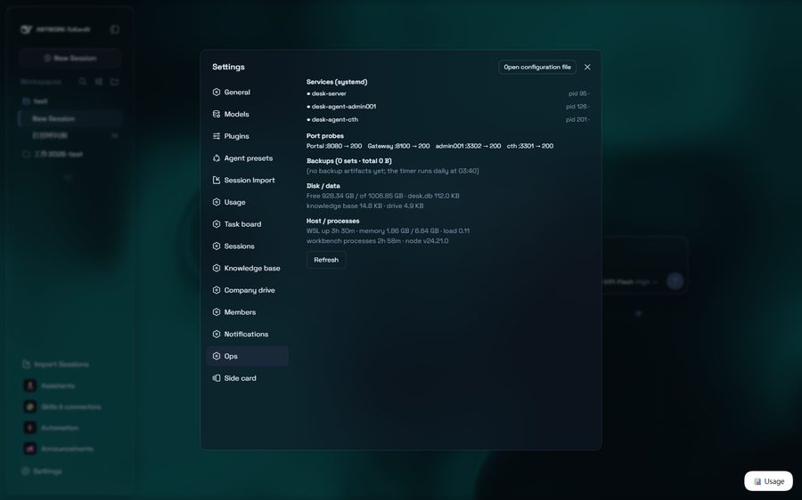 Ops panel — services, port probes and backups at a glance
